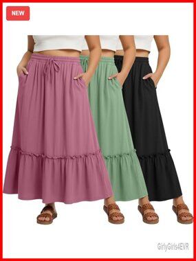 Plus Size Tiered Ruffle Maxi Skirt 3 Pack Drawstring Elastic Waist